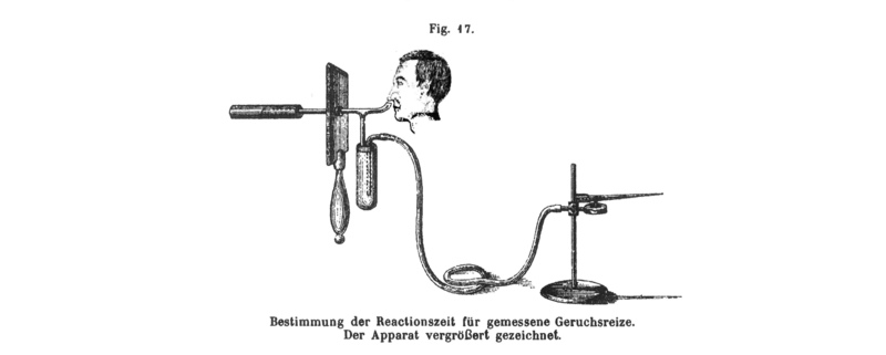 A set up for measuring time taken to detect a smell. Not sure where the big pointy thing goes to… From *Physiologie des Geruchs*.