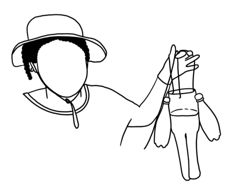 drawing of student holding babylegs trawl, infant tights wrapped around recycled bottles with strings attached