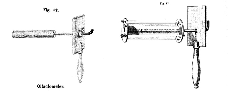 Zwaardemaker’s olfactometers, or *Riechmesser*. The second is an improvement upon the first, with an interchangable odorant chamber. From *Physiologie des Geruchs*.