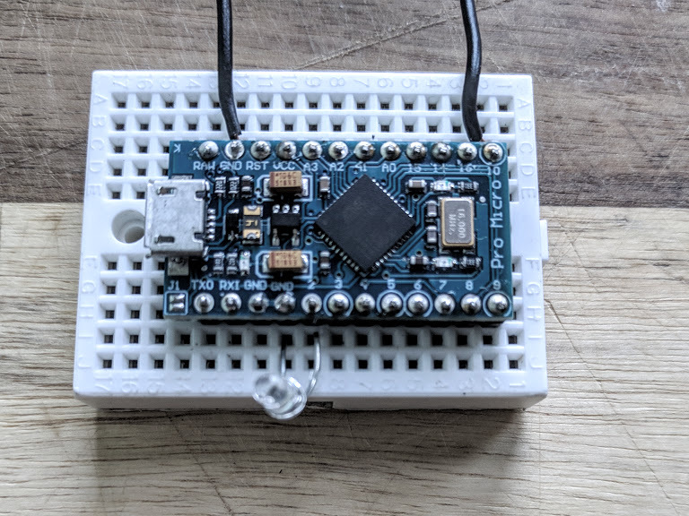 Breadboard with LED attached to Arduino Micro