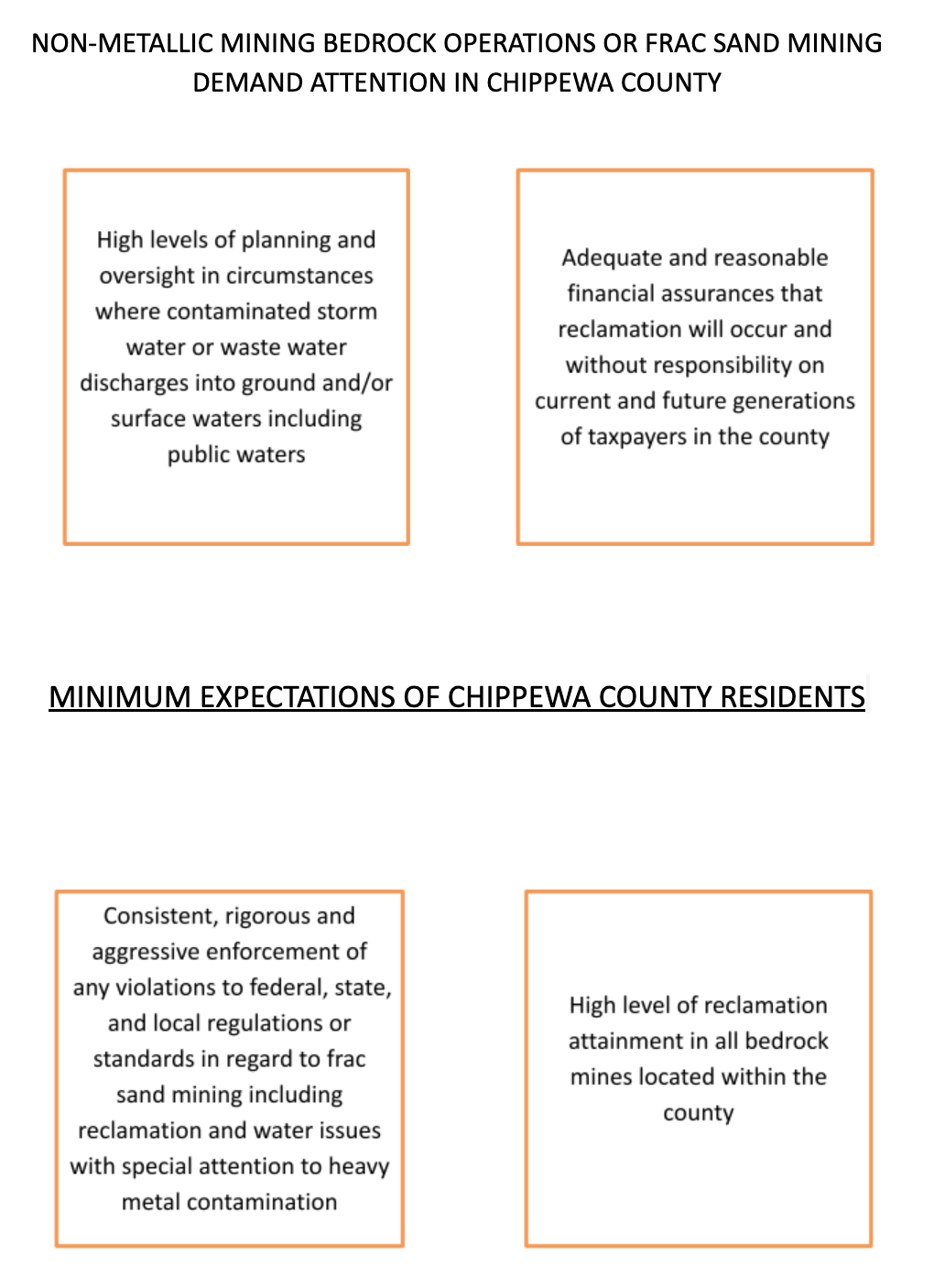 Handout listing four minimum expectations from residents concerned with frac sand mining in Chippewa County Wisconsin. 1) High levels of planning and oversight in circumstances where contaminated storm water or waste water discharges into ground and/or surface waters including public waters. 2) Adequate and reasonable financial assurances that reclamation will occur and without responsibility on current and future generations of taxpayers in the county. 3) Consistent, rigorous and aggressive enforcement of  any violations to federal, state, and local regulations or standards in regard to frac sand mining including reclamation and water issues with special attention to heavy metal contamination. 4) High level of reclamation attainment in all bedrock mines located within the county.