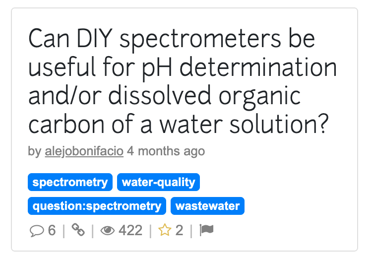 Screenshot of a card representing a question post. The question title is 'Can DIY spectrometers be useful for pH determination and/or dissolved organic carbon of water solution?' Blue badges below the title and author name depict topic tags, including 'spectrometry', 'water-quality', 'question-spectrometry' and 'wastewater'
